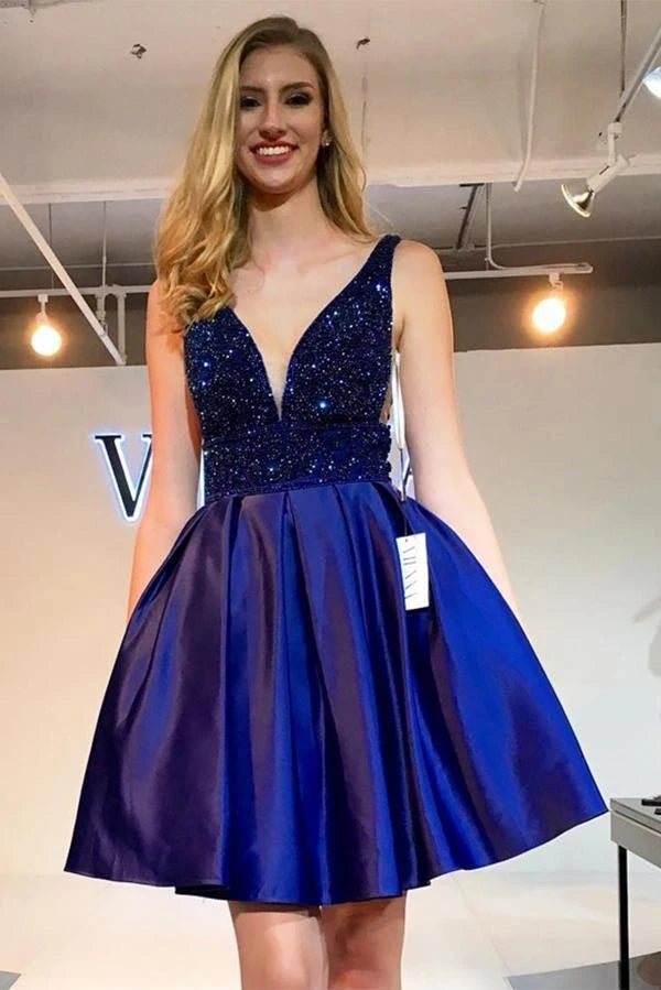 A-line V-neck Sleeveless Satin Royal Blue Beaded Prom Dress Homecoming Dresses UQH0033
