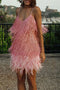 Tassel Feather Mini Summer Spaghetti Strap V Neck Evening Party Club Short Prom Dress UQD007