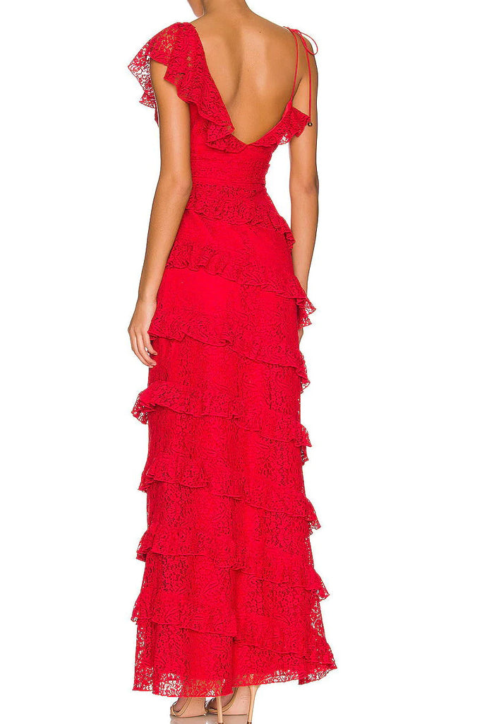 Red V Neck Lace Prom Dress, Tiered Long Evening Dresses Sleeveless Graduation Gown UQP0211