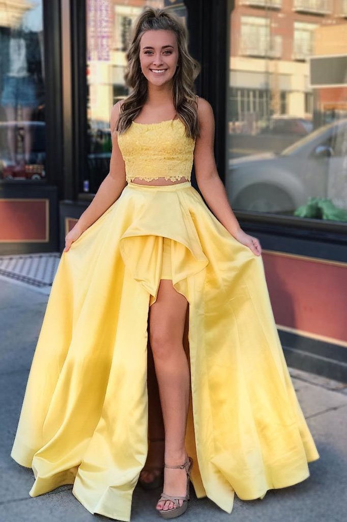Two Pieces High Low Lace Yellow Prom Dresses, Two Piece Long Formal Dresses N1688