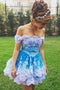 Blue Off the Shoulder Short Homecoming Dress, Cute Appliqued Mini Prom Dress UQH0030