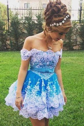 Blue Off the Shoulder Short Homecoming Dress, Cute Appliqued Mini Prom Dress UQH0030