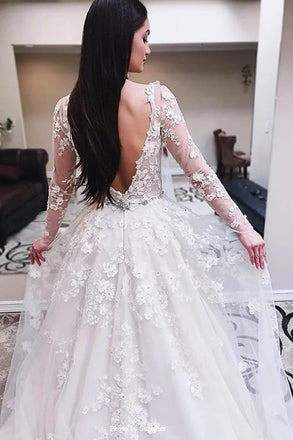 Ivory V Neck Long Sleeves Tulle Bridal Gown with Lace Appliques Wedding Dress UQW0049