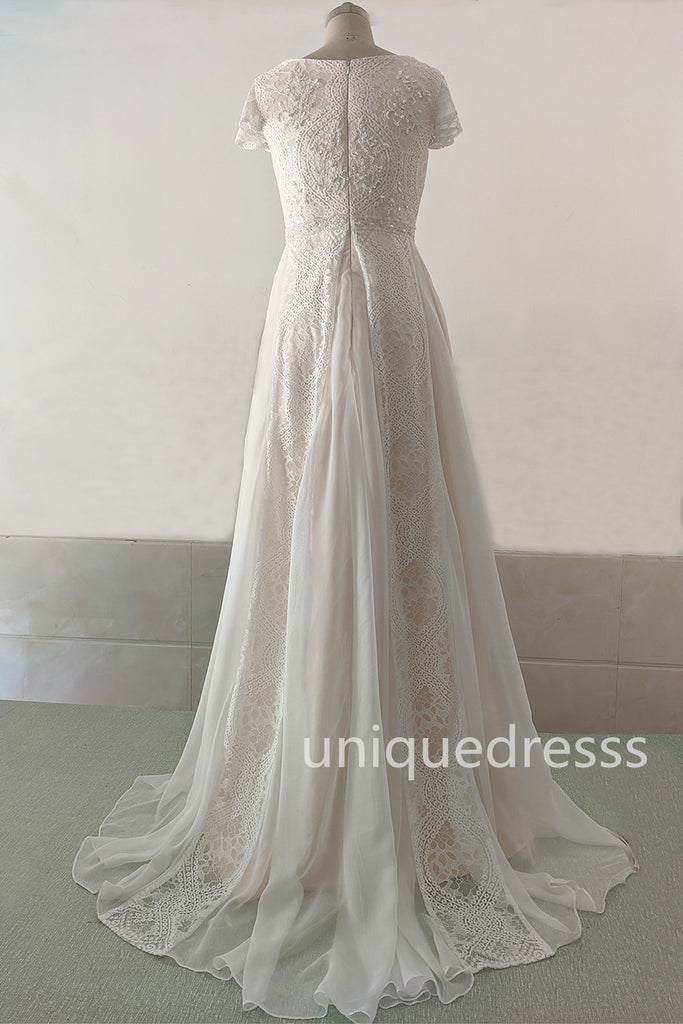 A Line Lace Beach Wedding Dresses With Beads, Lace Boho Bridal Gown UQW0089