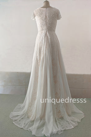 A Line Lace Beach Wedding Dresses With Beads, Lace Boho Bridal Gown UQW0089