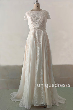 A Line Lace Beach Wedding Dresses With Beads, Lace Boho Bridal Gown UQW0089