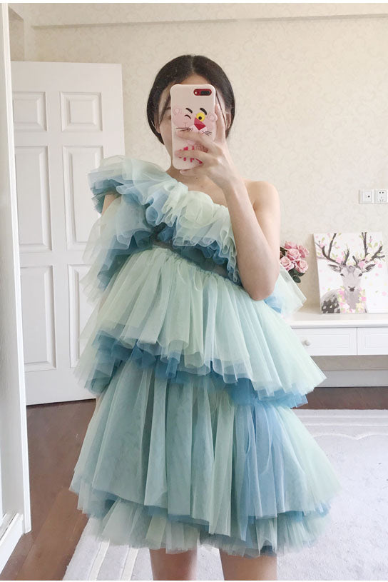 Unique One Shoulder Tulle Homecoming Dress, Short Layers Party Dress UQH0013
