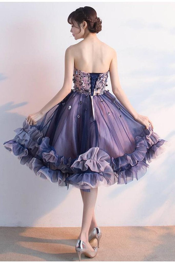 Puffy Sweetheart Tulle Homecoming Dress with Ruffles, Appliqued Knee Length Prom Dress UQ1873
