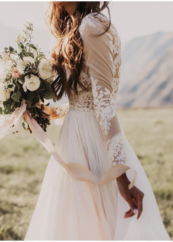 Long Sleeve Rustic Weding Dresses Lace Appliqued Ivory Chiffon Beach Wedding Dress UQ2013