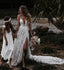 Ivory Deep V Neck A Line Lace Boho Wedding Dresses With Slit, Spaghetti Straps Bridal Gowns UQW0085