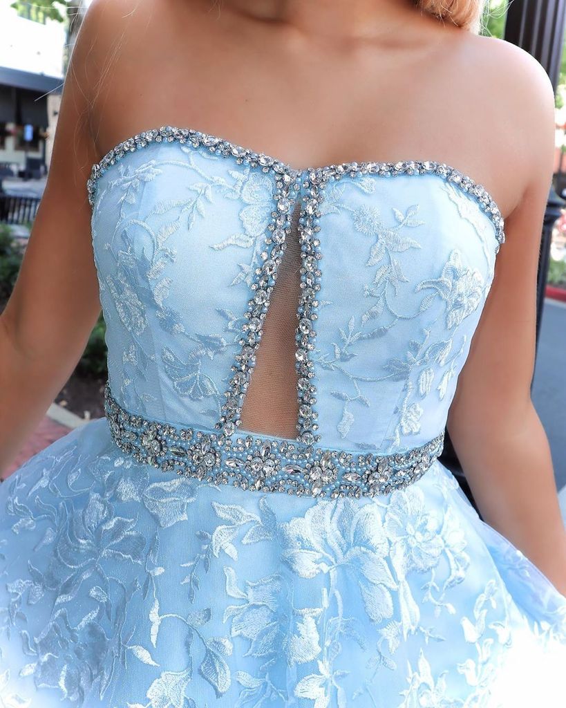 Stunning A-line Strapless Sky Blue Lace Beaded Long Prom Dresses Evening Dress UQP0042