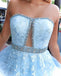 Stunning A-line Strapless Sky Blue Lace Beaded Long Prom Dresses Evening Dress UQP0042