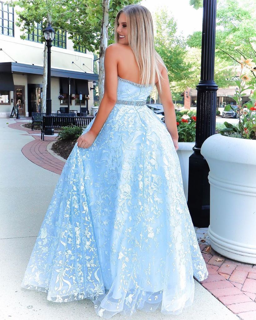 Stunning A-line Strapless Sky Blue Lace Beaded Long Prom Dresses Evening Dress UQP0042