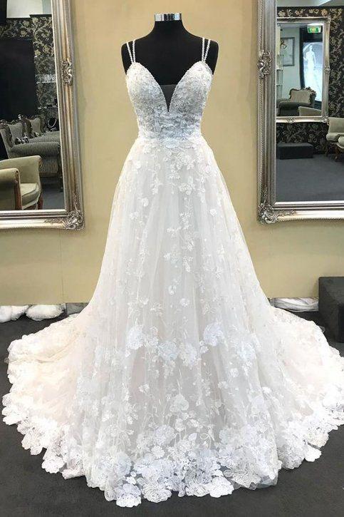White V Neck Sleeveless Wedding Dress, A Line Long Lace Bridal Dresses N2432