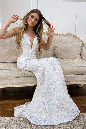 White Deep V Neck Mermaid Prom Evening Gown, Sequined Long Party Dress UQP0115