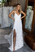 A Line Straps Long Split V Neck Sleeveless Lace Beach Wedding Dress UQW0006