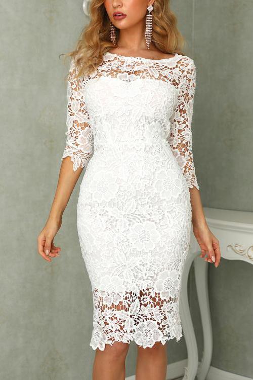 White Knee Length Lace Short Formal Dresses, Half Sheath Lace