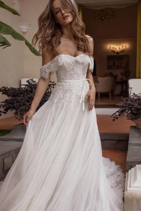 A-line Off Shoulder Beach Wedding Dress with Lace, Boho Wedding Dresses with Belt UQ2077
