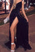 Black Prom Dress, Sparkly One Shoulder Split Evening Dress UQP0029