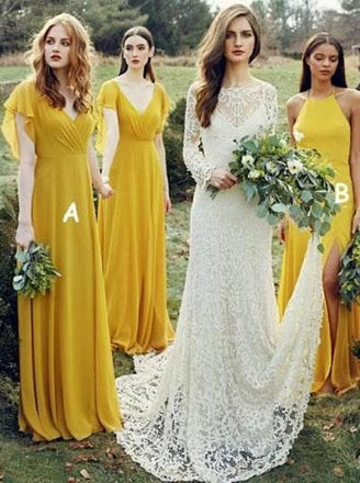 Flowy Yellow Long Chiffon Floor Length Bridesmaid Dress, A Line Yellow Prom Dress UQ2368