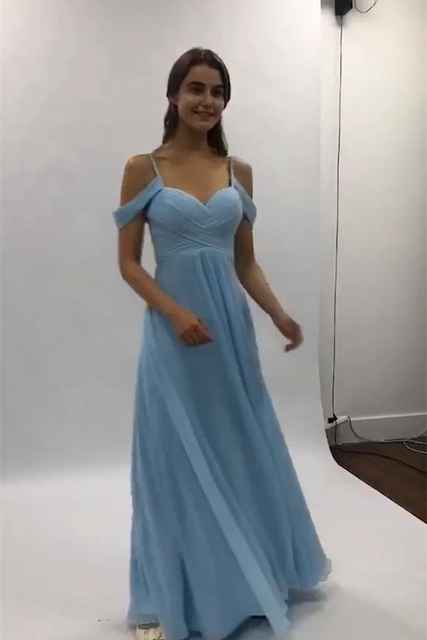 Flowy A-line Light Blue Chiffon Long Prom Dresses Simple Party Dresses with Pleats N2032
