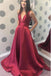 Simple A-line V-neck Satin Long Red Puffy Prom Dresses with Pocket UQ2034