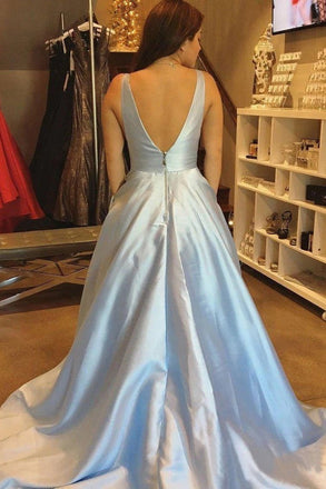 Simple A-line V-neck Satin Long Red Puffy Prom Dresses with Pocket UQ2034