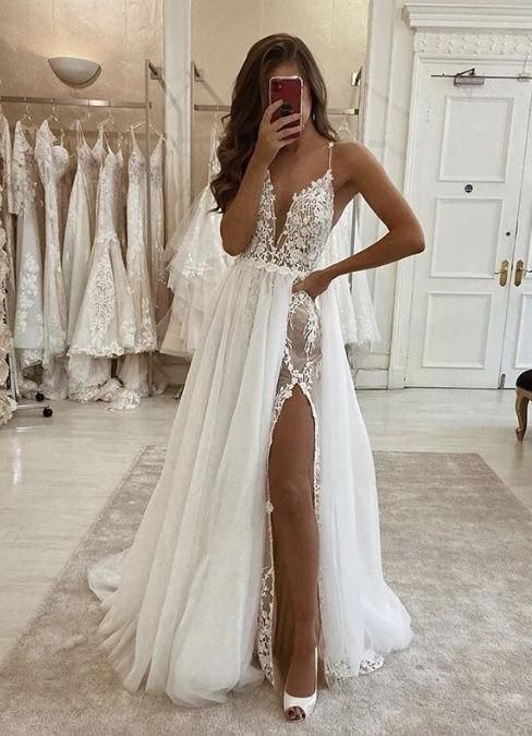 A-line Vintage Modest Wedding Dresses, Long Split Prom Dresses UQW0009 Uniquedresss A-line Vintage Modest Wedding Dresses, Long Split Prom Dresses UQW0009 Uniquedresss