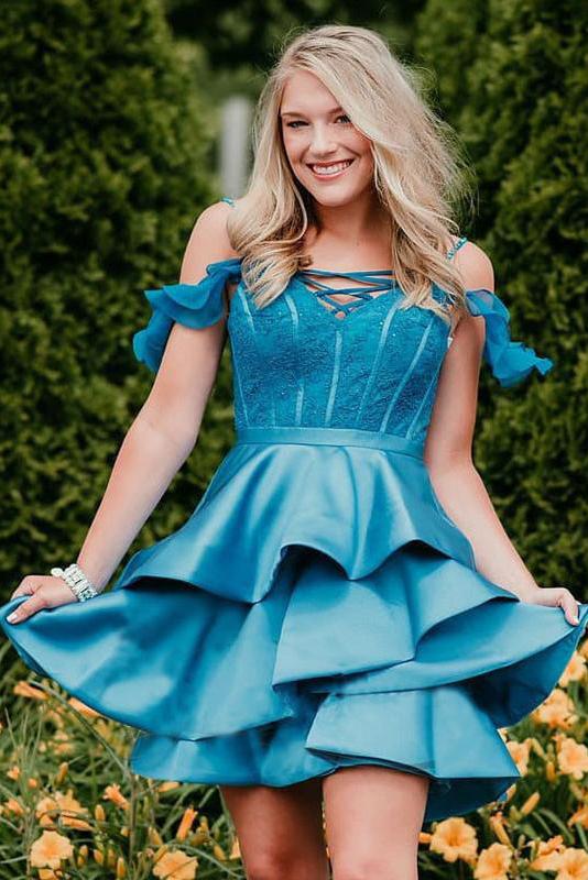 A Line Off the Shoulder Satin Homecoming Dresses, Tired Mini Prom Dresses N1806