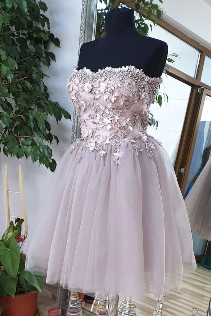 A Line Strapless Short Tulle Homecoming Dress with Lace, Mini Cute Prom Gown N2202