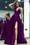 Grape Color Deep V Neck Sleeveless Fashion Dress, Prom Dress with Slit UQP0034
