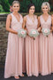 A Line V Neck Sleeveless Chiffon Long Bridesmaid Dress with Lace UQB0030