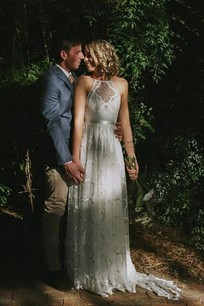 Simple A Line Sleeveless Lace Beach Wedding Dress Backless Bridal Gown UQW0079