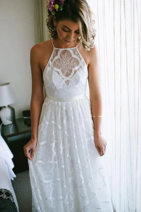 Simple A Line Sleeveless Lace Beach Wedding Dress Backless Bridal Gown UQW0079