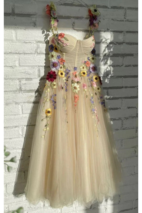 Ankle Length Tulle Straps Prom Dress with Flowers, A Line Party Gown UQP0207