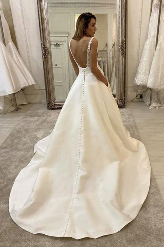 A Line V Neck Satin Wedding Dress, Ivory Long Bridal Dress Gown with Lace Applique UQW0035
