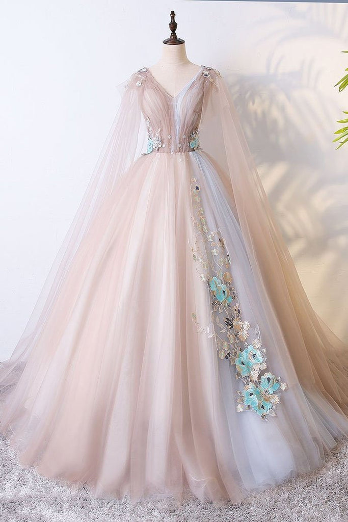 Ball Gown V Neck Tulle Prom Dress with Appliques, Unique Floor Length Quinceanera Dresses N2392