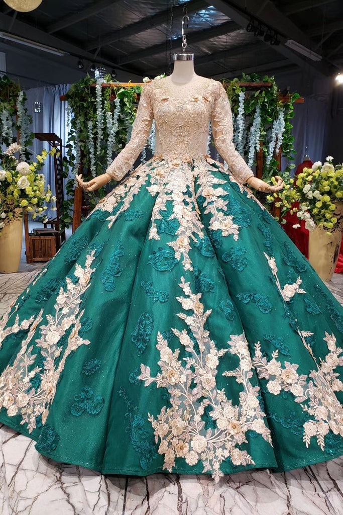 Ball Gown Long Sleeves Floor Length Prom Dress with Appliques, Quinceanera Dresses N2385