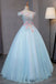 Sky Blue Tulle Princess Off Shoulder Long Prom Dress, Quinceanera Dressses with Flowers UQ1831