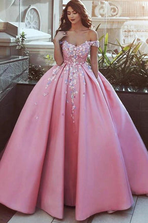 Ball Gown Off the Shoulder Appliqued Satin Long Quinceanera Dresses, Puffy Long Prom Dress N2565
