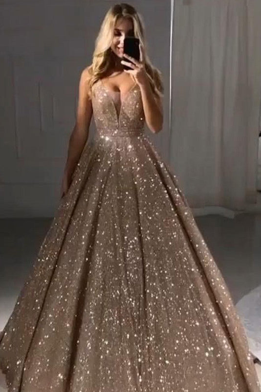 Puffy Sleeveless V Neck Sequined Long Formal Prom Dress Evening Gown UQP0052