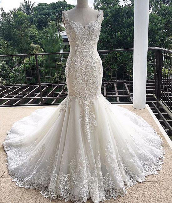 Gorgeous Mermaid Sweetheart Sleeveless Lace Tulle Long Wedding Dress UQW0003