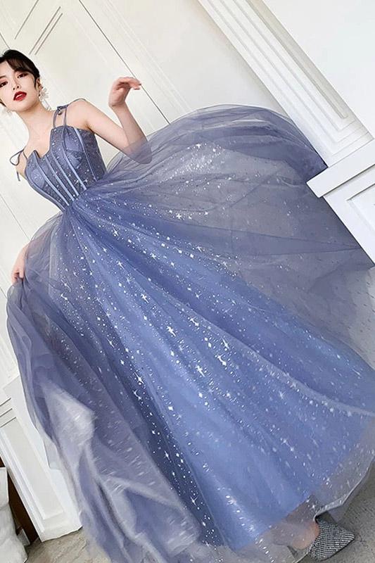 Unique Sparkle Straps Floor Length Tulle Prom Dress, A Line Sleeveless