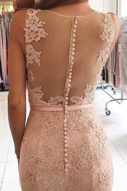 Pink Sleeveless Lace Formal Dresses, Mermaid Sheer Back Lace Prom Gown UQ2029