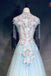 Unique Light Blue Cap Sleeves Prom Dress with Beading, Gorgeous Applique Formal Dress UQ1955