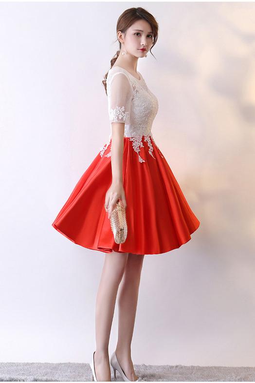 Red Knee Length Satin Homecoming Dress with Short Sleeves, Short Prom Dress with Lace UQ2224