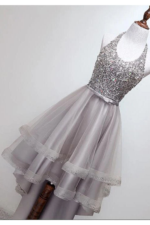 Sparkly Hi Lo Halter Beading Tulle Homecoming Dress, A Line Sequin Prom Dress UQH0010