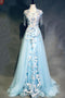 Unique Light Blue Cap Sleeves Prom Dress with Beading, Gorgeous Applique Formal Dress UQ1955