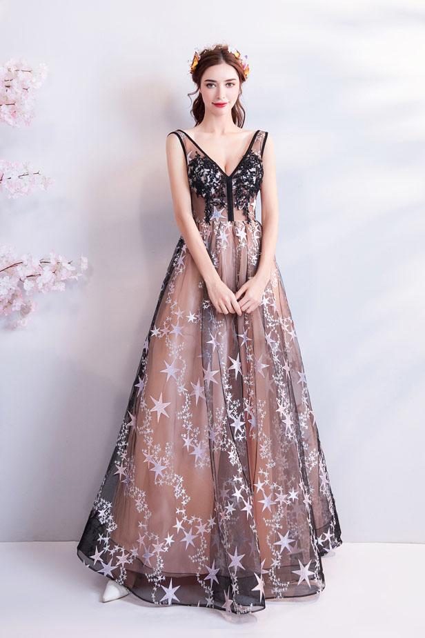 Charming Floor Length Sleeveless Prom Dress with Stars, A Line Appliques Evening Dress UQ2314