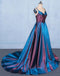 Blue A Line V Neck Sleeveless Prom Dress, Spaghetti Straps Long Evening Dresses UQ2328